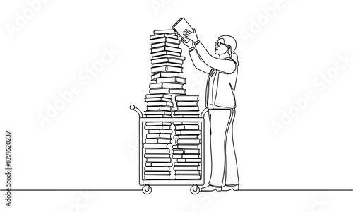 Person Organizing Books on a Library Cart with Tall Stacks, Line Art