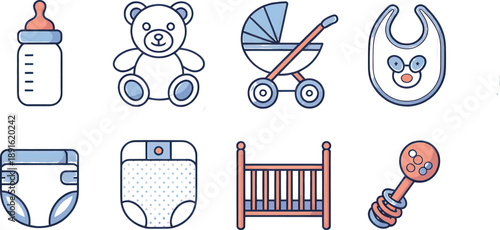 Set of eight colored line art icons representing baby equipment such as a stroller, teddy bear, crib, rattle, diaper, and feeding bottle arranged horizontally.