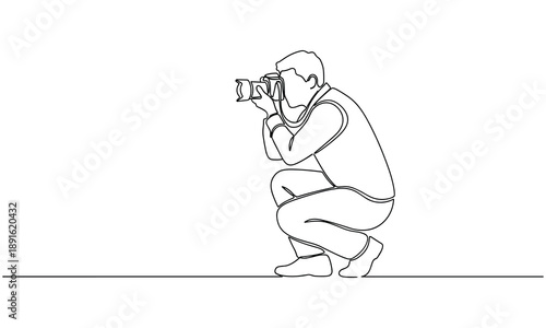 Photographer Crouching to Take Photo with Camera, Line Art