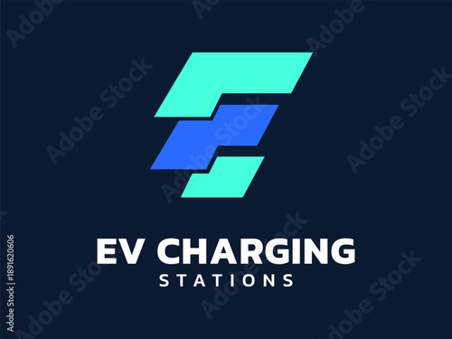 Electric vehicle charging with Letter E overlapping italic rectangle shapes logo vector illustration design concept. Letter E logo symbol for Electric Car, EV station, ui, clean energy, infographic.