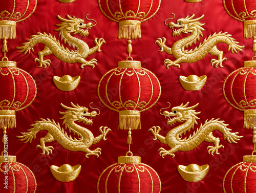 Wallpaper Mural  Seamless style Chinese embroidery featuring golden dragons and red lanterns on silk, symbolizing good luck and wealth for a premium lunar new year festive background. Torontodigital.ca