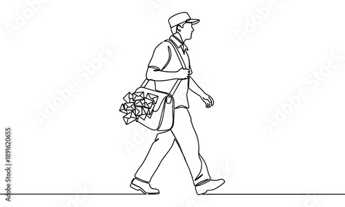 Postman Walking with Mail Bag Full of Letters, Line Art