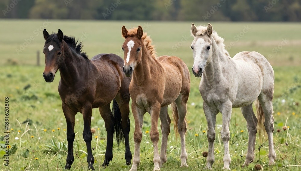 Fototapeta premium Three young horses stand in a grassy field on a cloudy day