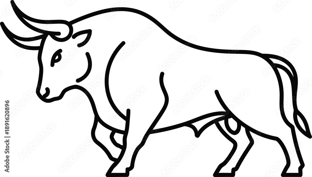 Fototapeta premium A black and white line drawing of a bull with large horns