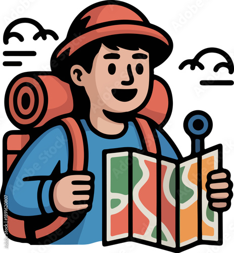 Outdoor Explorer with Map and Backpack