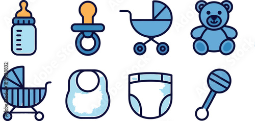 Infant objects featuring a blue baby bottle, pacifier, and teddy bear illustration presented in a row above a stroller, bib, diaper, and rattle for product marketing.