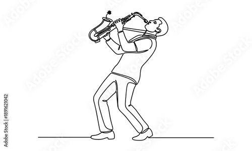 Saxophonist playing music energetically, continuous line drawing