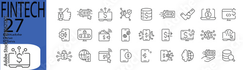 Fintech icon set. Editable stroke. Vector illustration.