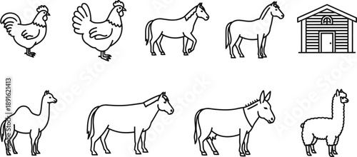 Farm animals and a barn with various creatures