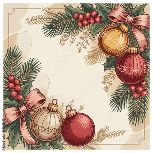 Vintage-style christmas frame featuring pine branches, red berries, festive ornaments, and elegant pink bows on a light background