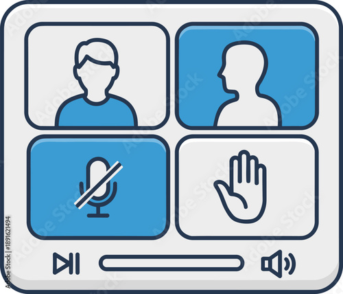 Online Meeting and Video Conference Flat Vector Illustration with Mute and Hand Raise Icons