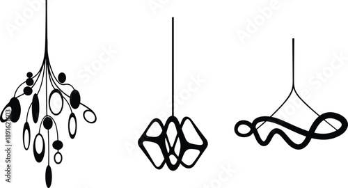 Minimal abstract hanging pendant lamp line art illustration, modern lighting design set, black outline, white background, interior decor concept