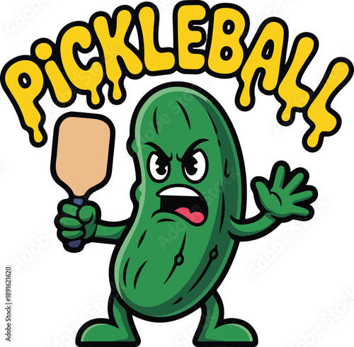 Playful Pickle Mascot Character with Bold Cartoon Typography, Flat Vector Illustration.
