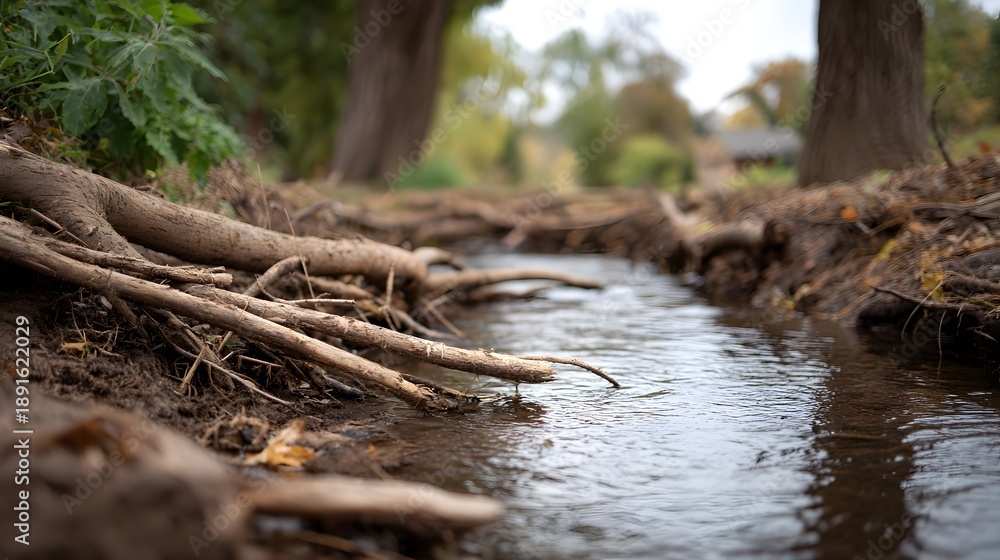 Obraz premium A shallow stream flows alongside a bank covered with exposed tree roots and fallen branches in a natural setting