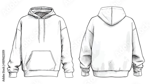 Blank White Hoodie Sketch Front and Back View. Hand-Drawn Fashion Template Design Illustration for Clothing Mockup