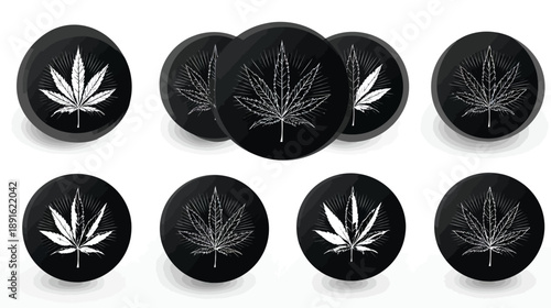 Set of black round cannabis leaf icons. Modern marijuana symbol graphics for UI/UX design or conceptual projects.