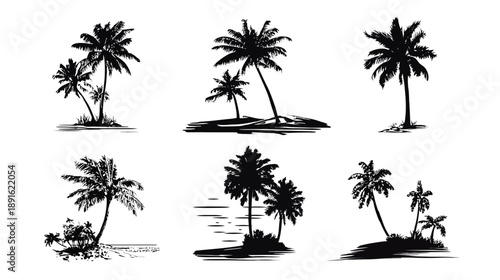 Set of Tropical Palm Tree Silhouettes. Hand Drawn Sketch Style Vector Illustrations of Island Beach Trees for Summer Vacation Design