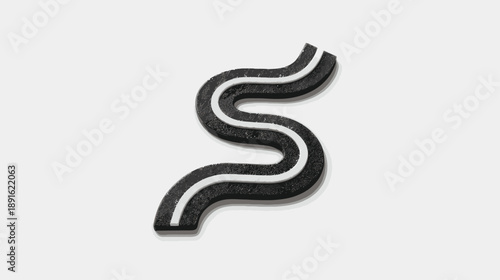 Minimalist S-shaped Winding Asphalt Road with White Double Lines on Clean Background, Journey Path Concept