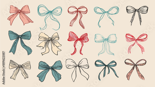 Hand-drawn decorative ribbon bows vector collection in various colors and styles for design elements and crafts