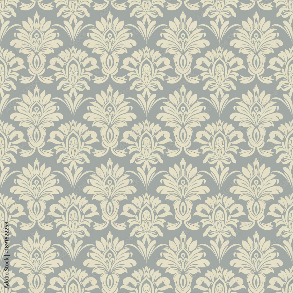 Fototapeta premium Seamless floral ikat pattern in warm earthy tones with traditional stylized flowers and foliage, elegant vintage textile print for fabric, wallpaper, home decor, surface design.