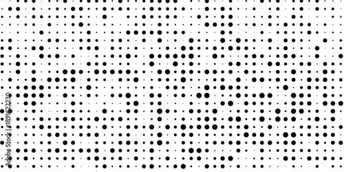 Random halftone. Pointillism style. Background with irregular, chaotic dots, points, circle. Abstract monochrome pattern. Black and white color. Vector illustration