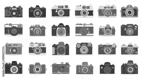 Set of classic vintage retro film photography cameras in flat design style, black and white icons on white background.