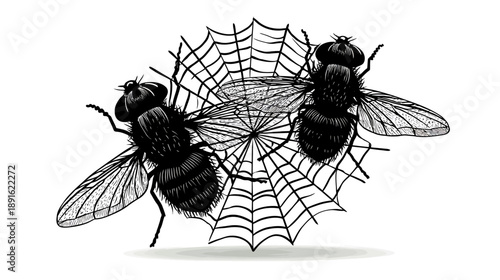 Two Flies Trapped in a Spiderweb Illustration. Vintage Engraving Style Black and White Drawing. Insect Pest Concept.
