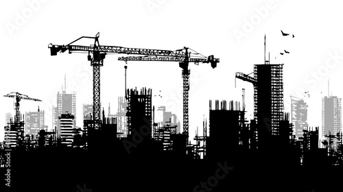Modern City Skyline Under Construction Silhouette Vector Illustration. Urban Development Project with Cranes and New Architecture