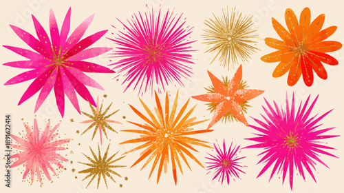 Vibrant Watercolor Starbursts and Golden Glitter Accents. Festive and Abstract Hand-Painted Design Elements in Pink and Orange.