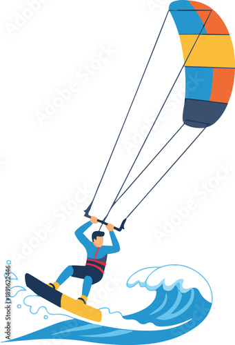 Vector illustration of a male kitesurfer jumping over a wave. A flat design style image depicting a man performing extreme water sports with a colorful kite and yellow board, isolated on a white backg
