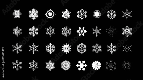 Diverse Set of White Snowflake Icons and Symbols on Black Background for Winter and Christmas Designs