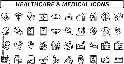 Healthcare Line Icon Set – Medical, Hospital, Insurance and Wellness Vector Collection