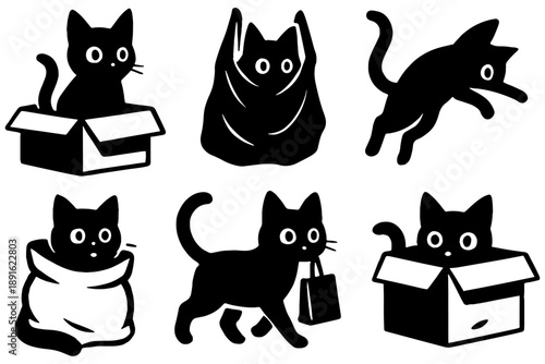 set of cats,
Minimal Cat Silhouette Set – Cats Playing with Bag