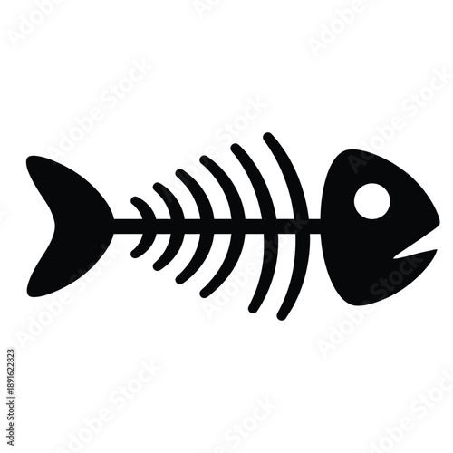 Simple black and white illustration of a fish skeleton with tail and head