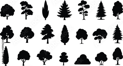 Assortment of black tree silhouettes showcasing different species and forms nature plant