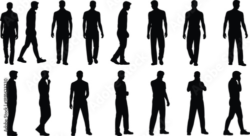 Assortment of Male Silhouettes in Various Standing and Pensive Poses vector illustration