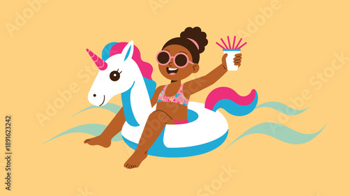 Happy girl swimming on unicorn float with sunglasses and drink summer fun