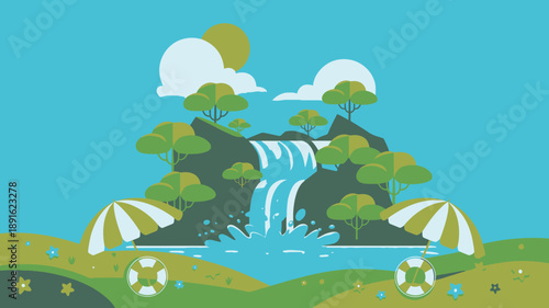 Lush green waterfall landscape with summer umbrellas and lifebuoys, peaceful natural outdoor scenery illustration