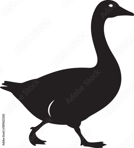 Black silhouette of a goose walking against a white background, graphic icon