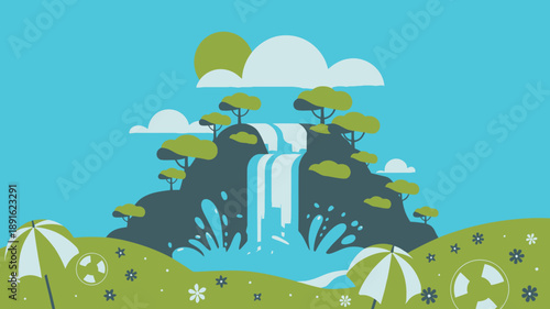Lush green hills with a vibrant waterfall under a bright summer sun and beach umbrellas on the ground