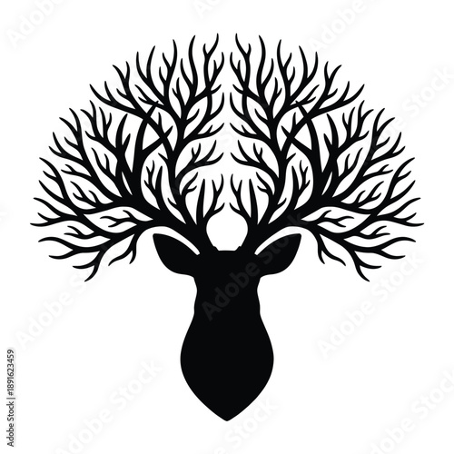 Stylized black silhouette of a deer with tree branch antlers