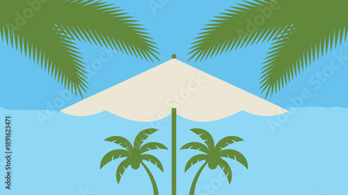 Minimalist summer beach scene illustration with white umbrella and green palm trees against blue sky and water