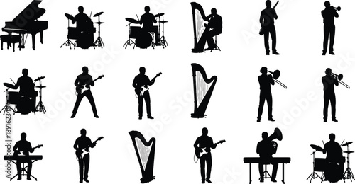 Black silhouette of professional musician set playing piano, drums, guitar and harp, CAD drawing flat vector illustration, isolated on white background for architectural design