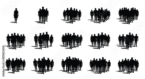 Minimalist black human silhouettes representing teamwork, collaboration, and social groups in increasing numbers from one to many