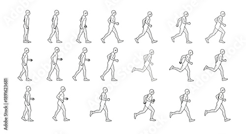 Continuous line drawing illustration of a man progressing from standing to fast running in dynamic motion poses