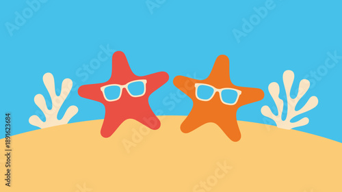 Orange and red cartoon starfish wearing stylish sunglasses on a sunny sandy beach with coral