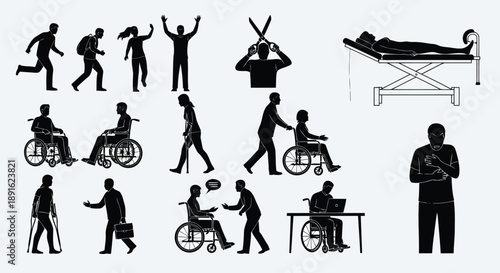 Diverse group of people in motion showcasing inclusivity with mobility aids and daily life activities in silhouette form