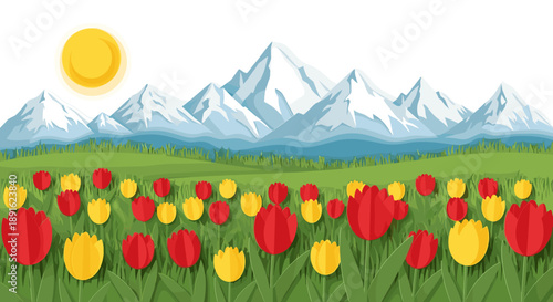 A colorful field of tulips with mountains and sunshine in a spring landscape. Nowruz 