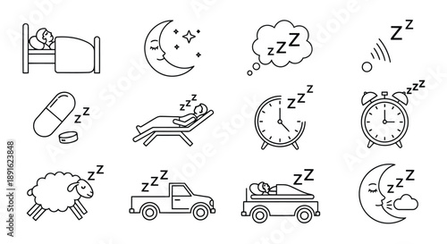 Collection of minimalist line art icons illustrating sleep patterns, nighttime routines, and relaxation symbols for design use