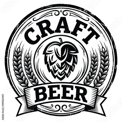 Detailed black and white emblem featuring the words craft beer and botanical elements